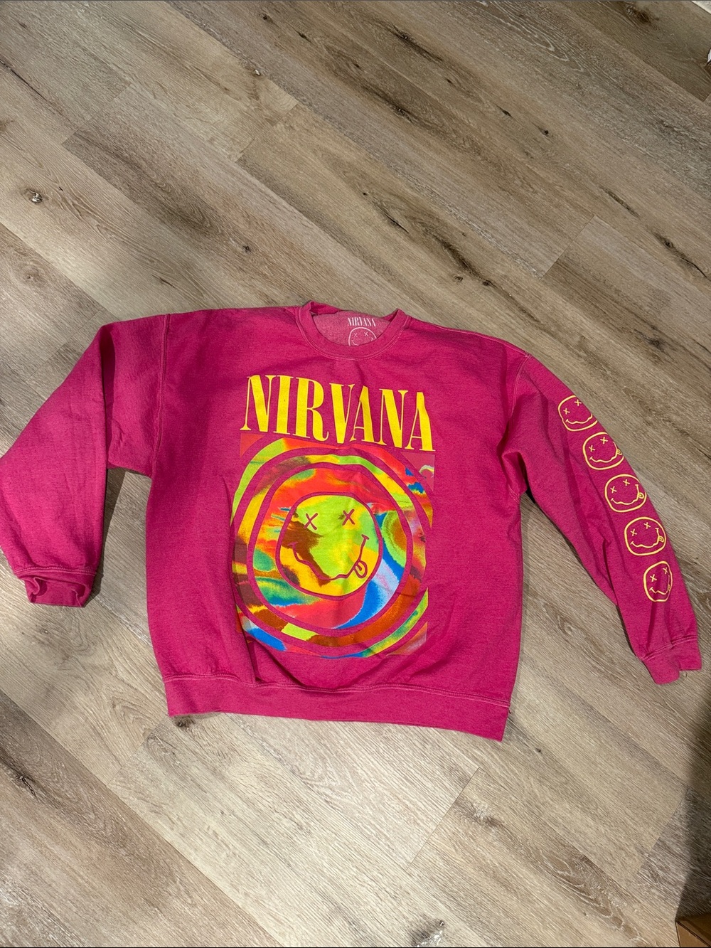 NIRVANA Pink Graphic Crewneck with Multicolor Smile Logo
